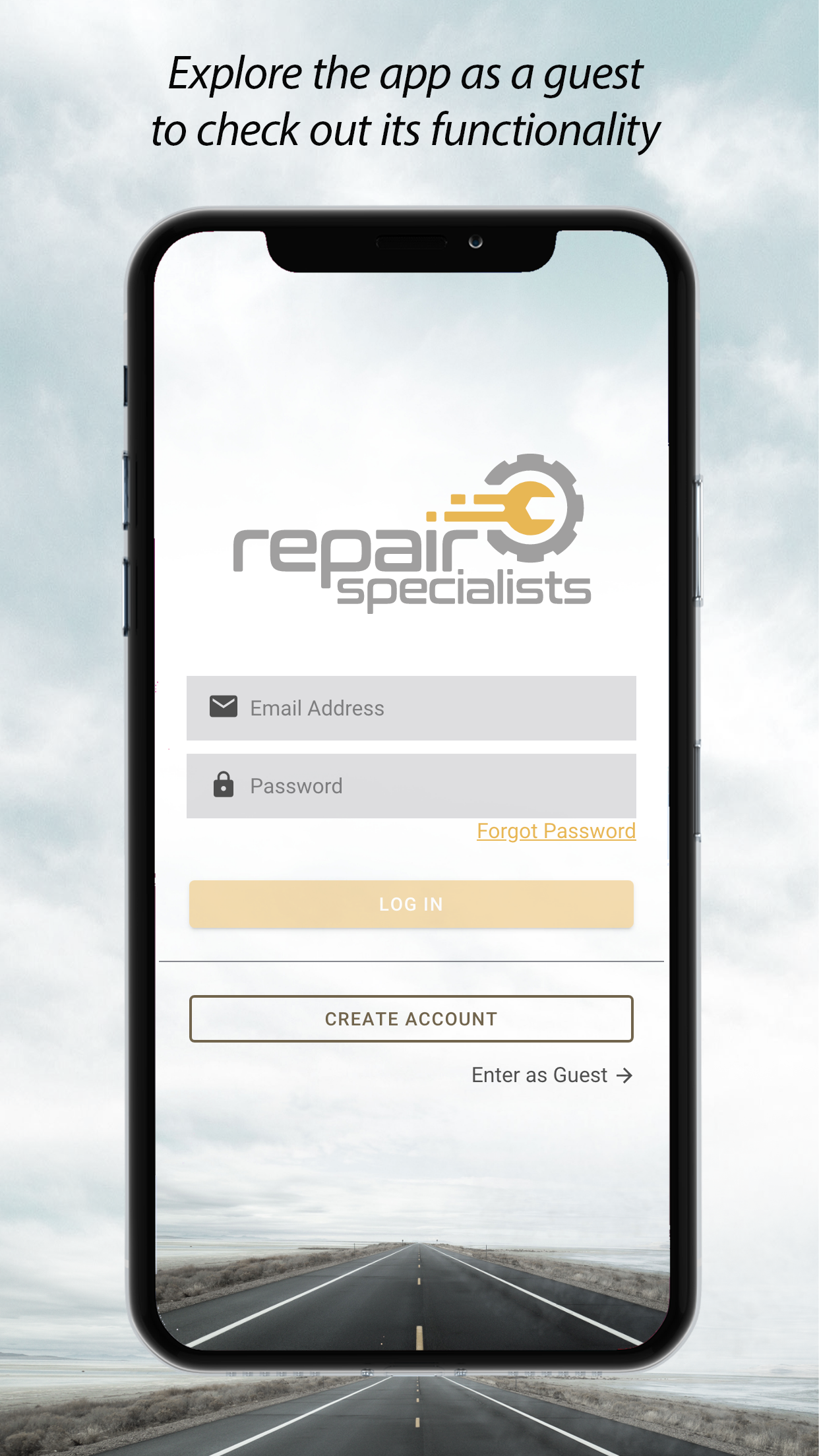Login screen for Repair Specialist app.