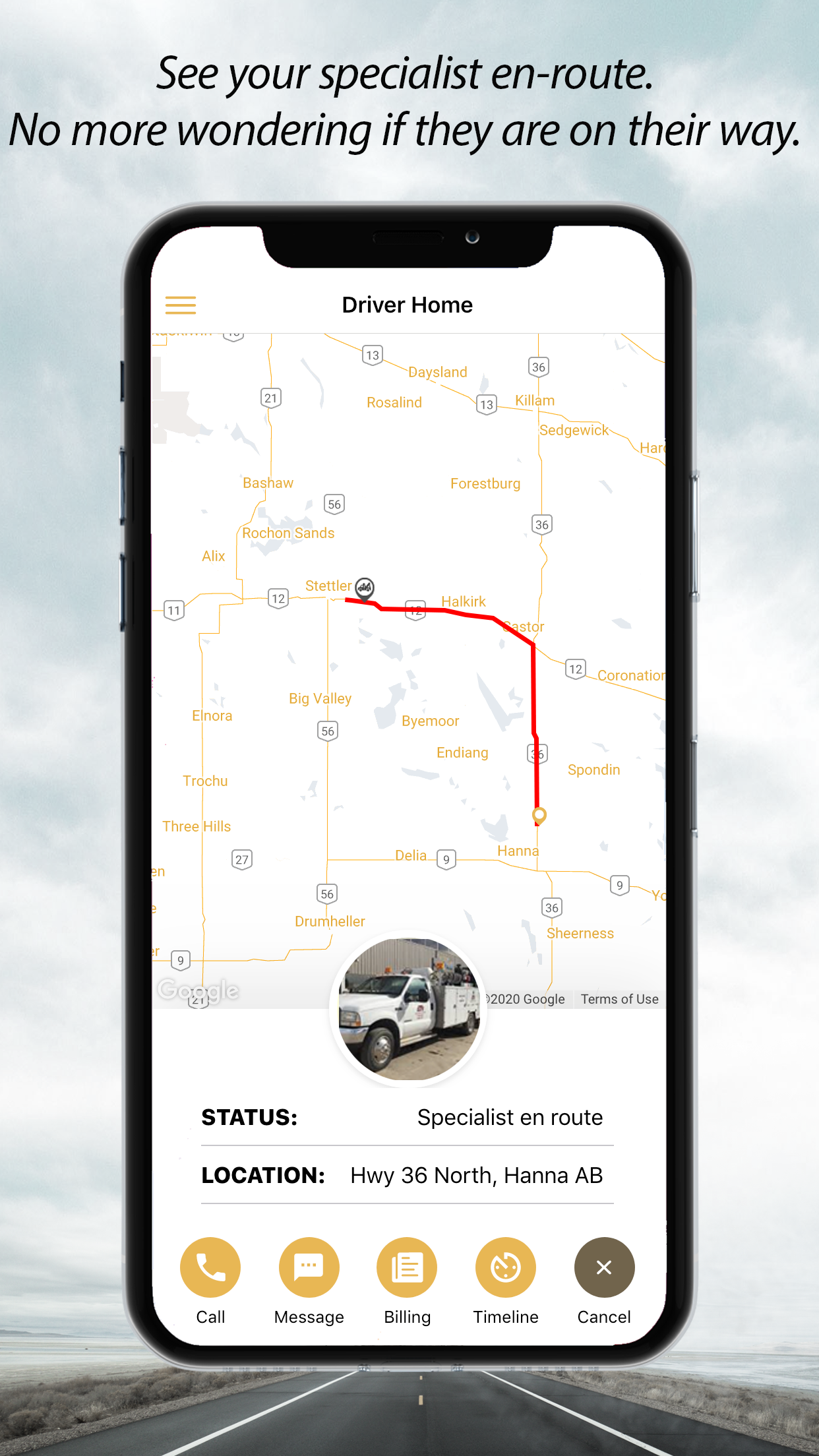 View of mobile service truck on map while travelling to your location, in the Repair Specialist app