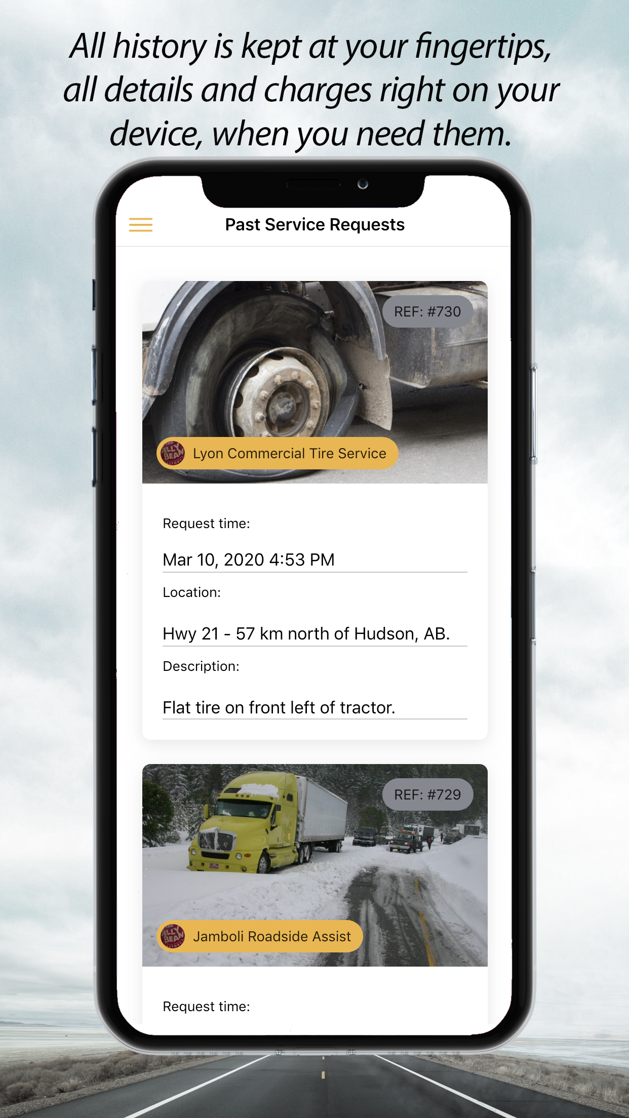 Showing past truck repair jobs, including date, description, photos, cost and detail in the Repair Specialist app